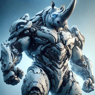 The primary subject of the image is a futuristic robot with a rhinoceros head. The robot is made of metal and has a blue and white color scheme. The setting is a futuristic environment, and the visual style is a combination of digital art and illustration. The overall atmosphere is one of advanced technology and a blend of natural and artificial elements.